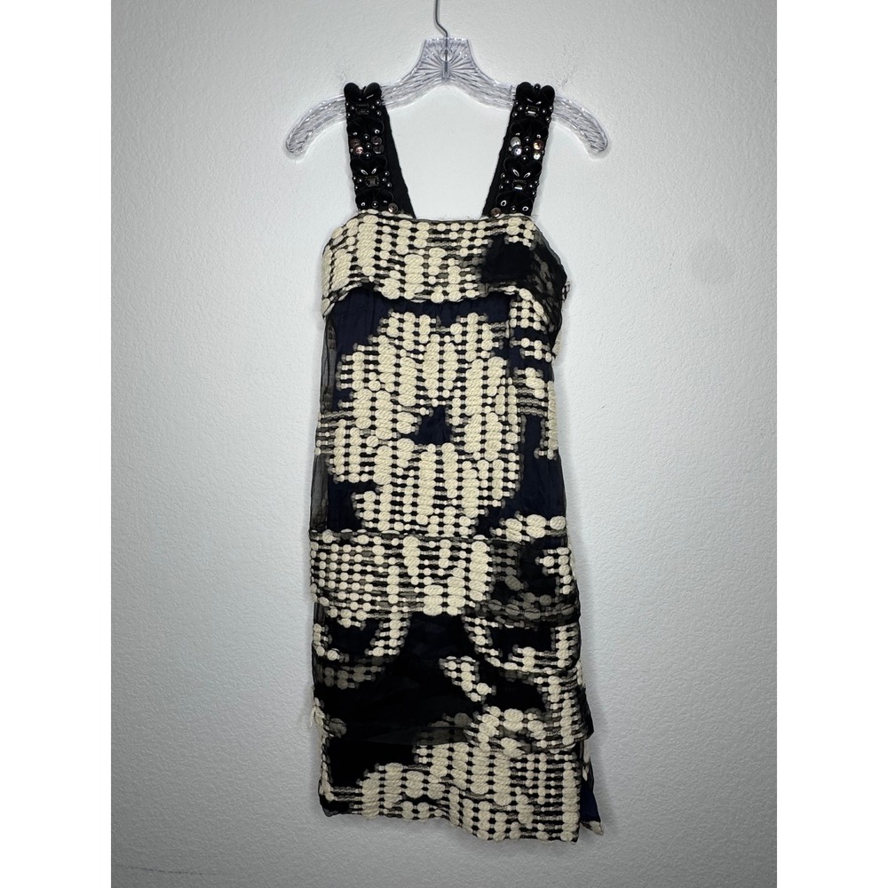 Carolina Herrera New York Beaded Strap Textured Dot Silk Dress Navy Cream Size 2